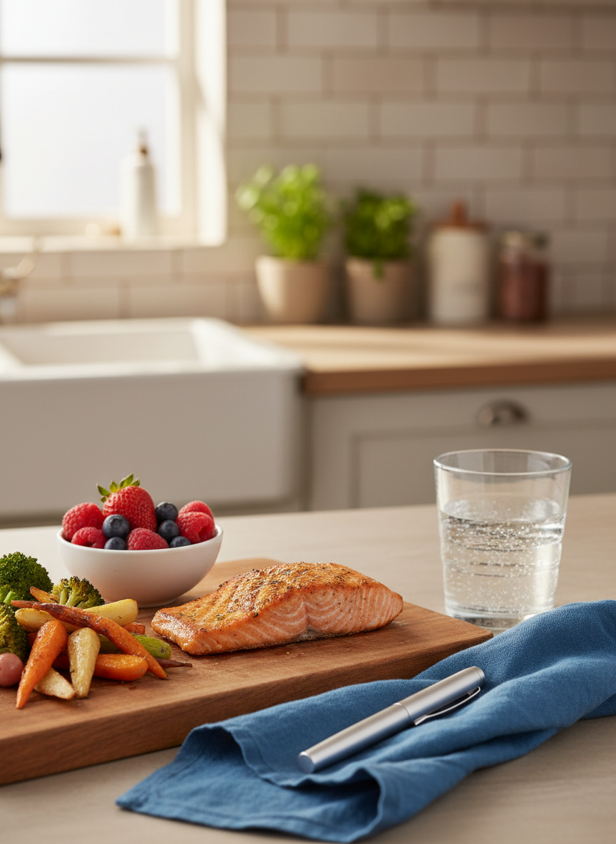 An inviting kitchen counter scene with a wooden cutting board displaying a colorful, balanced meal: grilled salmon, roasted vegetables, and a small bowl of berries, arranged with care. Beside it, a slim, unlabeled injection pen lies on a folded, soft blue cloth, subtly indicating GLP-1 treatment without feeling clinical. Diffused late-afternoon light streams from a nearby window, creating soft highlights on the food and gentle reflections on a glass of water. Photographic realism, shot from a slightly elevated angle, with the meal in sharp focus and the background kitchen softly blurred. The atmosphere feels hopeful and grounded, emphasizing everyday life, sustainable habits, and quiet empowerment rather than medicalization.