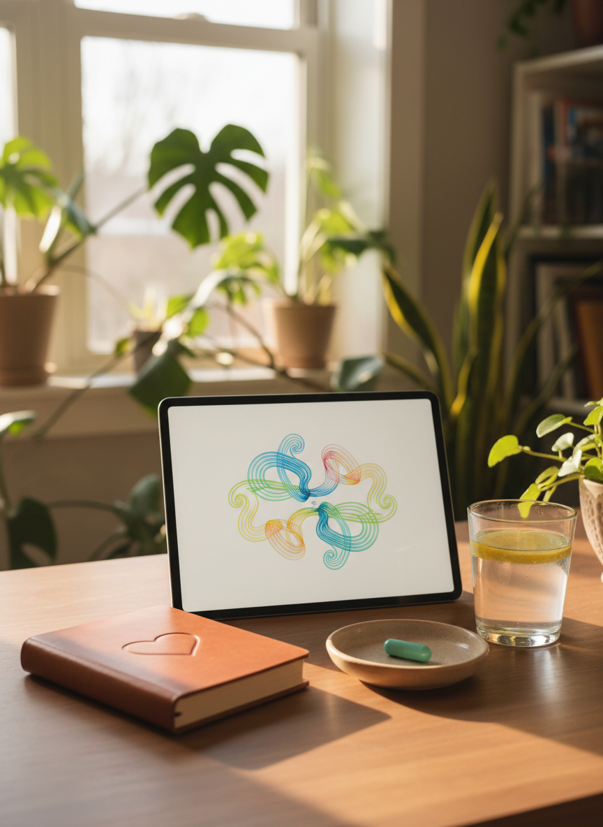 A neatly arranged home wellness desk featuring a closed leather-bound journal embossed with a simple heart icon, a sleek tablet displaying a colorful, abstract GLP-1 hormone diagram without text, and a small ceramic dish holding a single mint-green capsule. The desk sits near a bright window, surrounded by soft-focus houseplants and a glass of water with lemon slices. Morning sunlight washes across the wood grain, casting gentle, hopeful shadows. Photographic realism with a clean, modern aesthetic, shot at eye level with a shallow depth of field so the capsule and tablet are in crisp focus, while the background melts into a warm, supportive blur, suggesting learning, reflection, and a fresh start on a health journey.